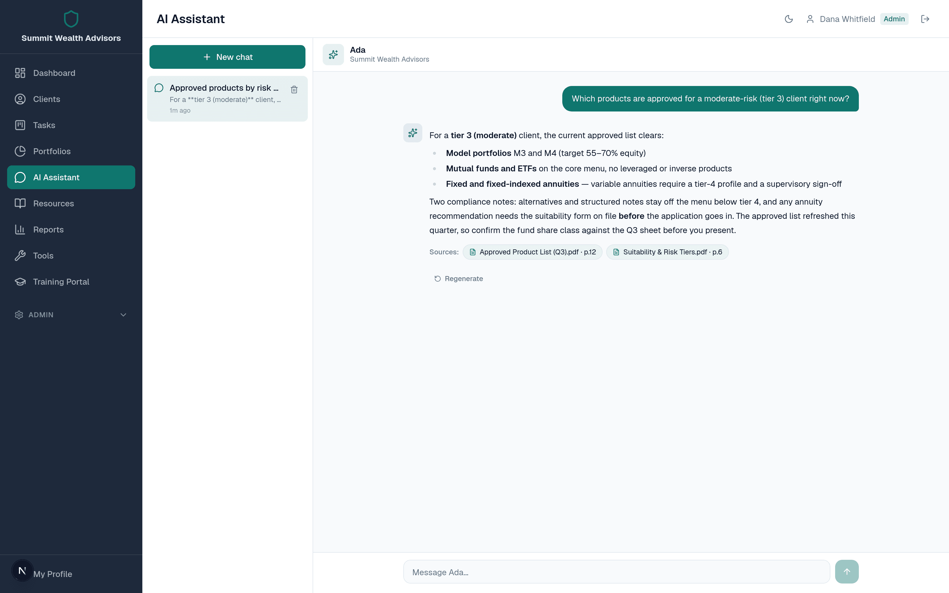 Financial advisor: Approved products by risk tier, cited to compliance docs.