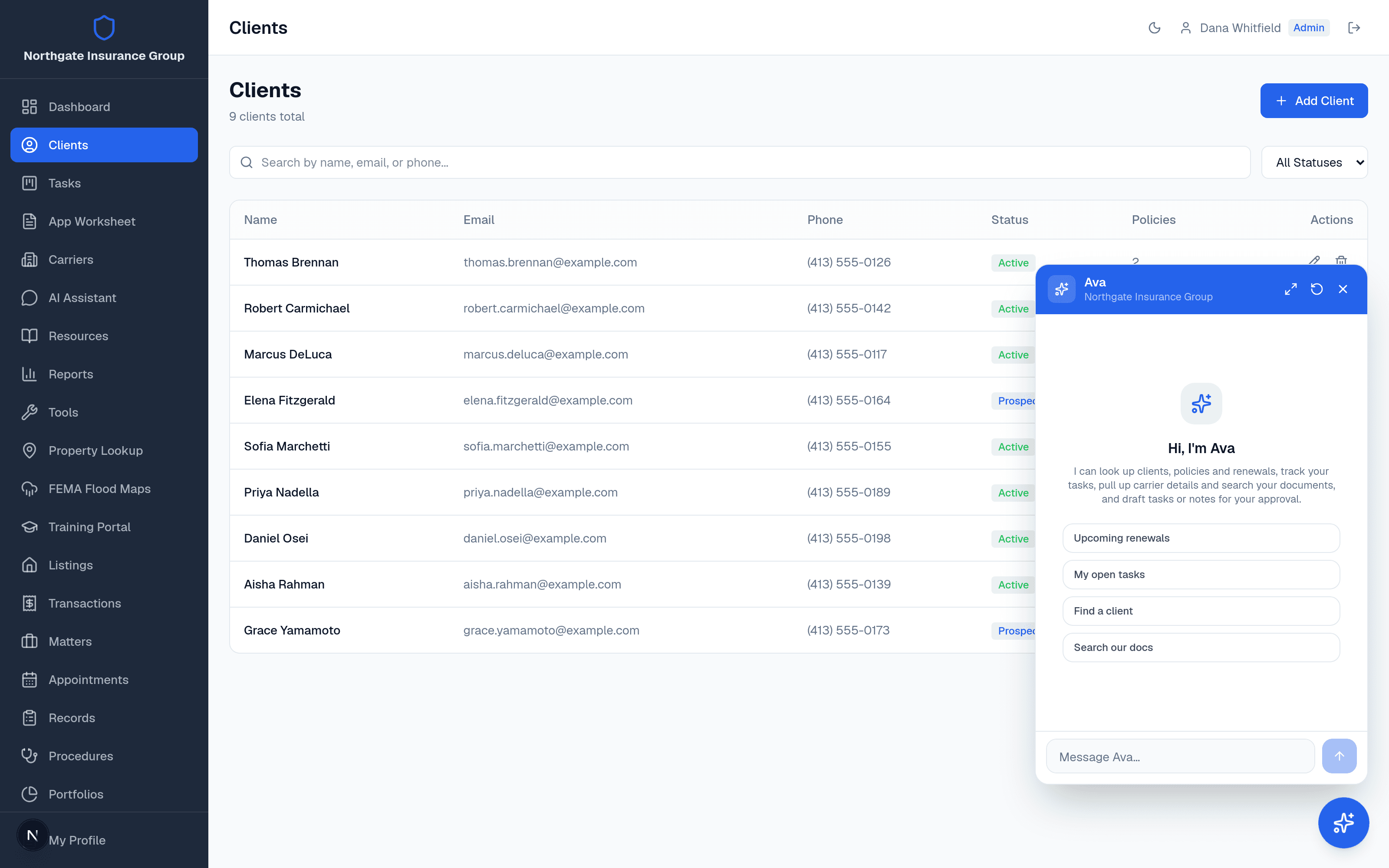 The floating assistant open over the client list, offering to look up records, track tasks, and search documents
